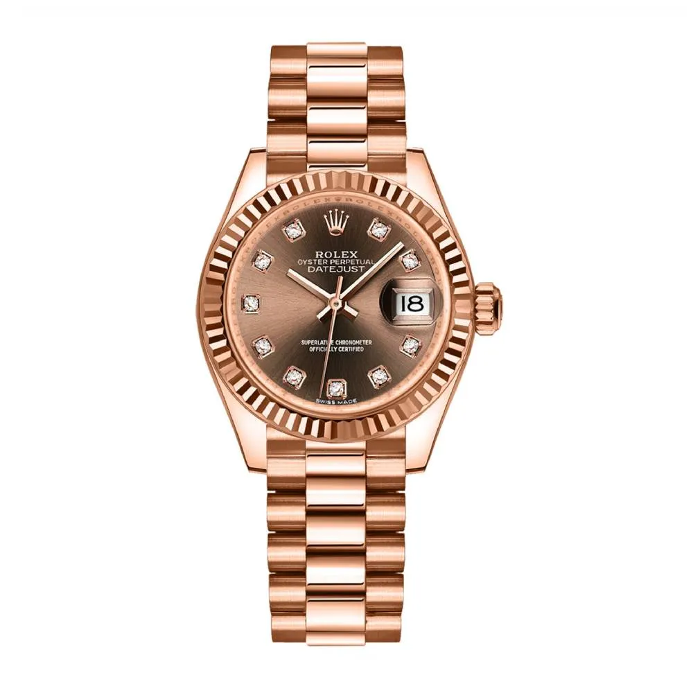 2024 Never Worn Rolex Lady Datejust 28mm - Ref: 279175-0016 - Chocolate Diamond Dial, 18K Rose Gold President Bracelet Women's Watch