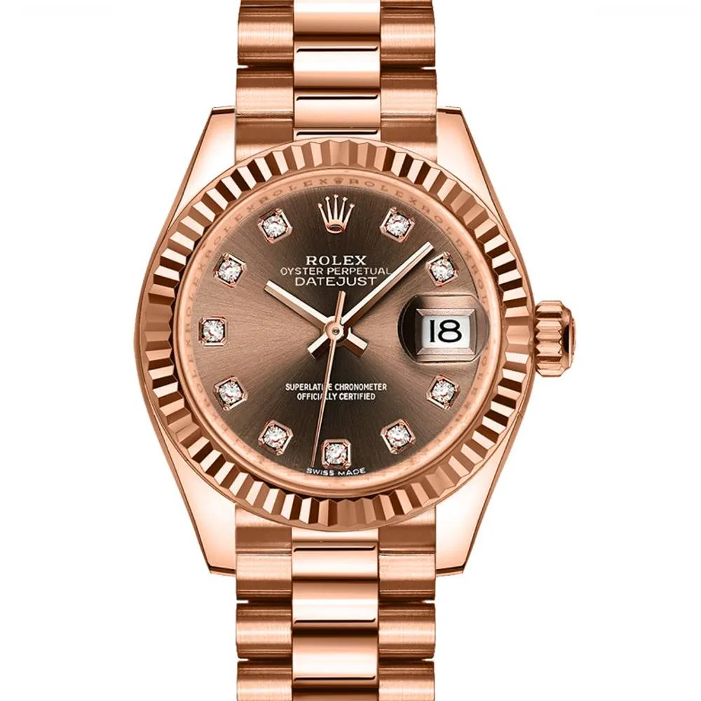 2024 Never Worn Rolex Lady Datejust 28mm - Ref: 279175-0016 - Chocolate Diamond Dial, 18K Rose Gold President Bracelet Women's Watch