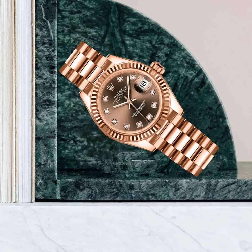 2024 Never Worn Rolex Lady Datejust 28mm - Ref: 279175-0016 - Chocolate Diamond Dial, 18K Rose Gold President Bracelet Women's Watch