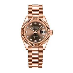 2024 Never Worn Rolex Lady Datejust 28mm - Ref: 279175-0016 - Chocolate Diamond Dial, 18K Rose Gold President Bracelet Women's Watch