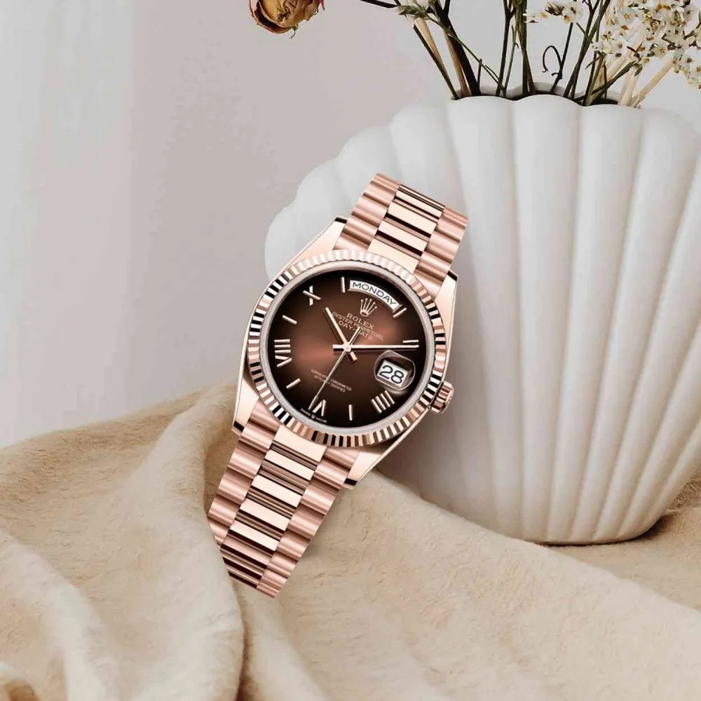 2024 Release Rolex Day-Date 36 mm | 18k Everose gold Diamond President bracelet | Brown ombr dial Fluted bezel | Men's Watch 128235