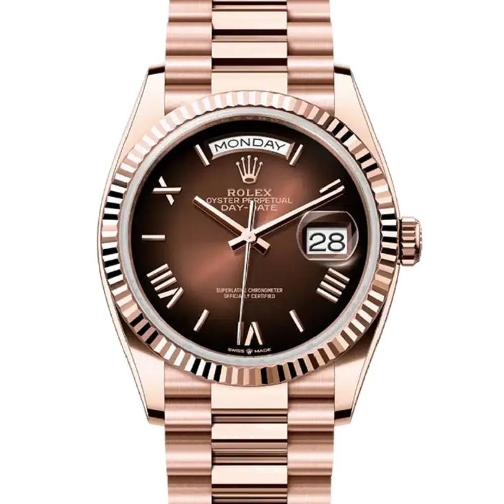 2024 Release Rolex Day-Date 36 mm | 18k Everose gold Diamond President bracelet | Brown ombr dial Fluted bezel | Men's Watch 128235