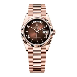 2024 Release Rolex Day-Date 36 mm | 18k Everose gold Diamond President bracelet | Brown ombr dial Fluted bezel | Men's Watch 128235