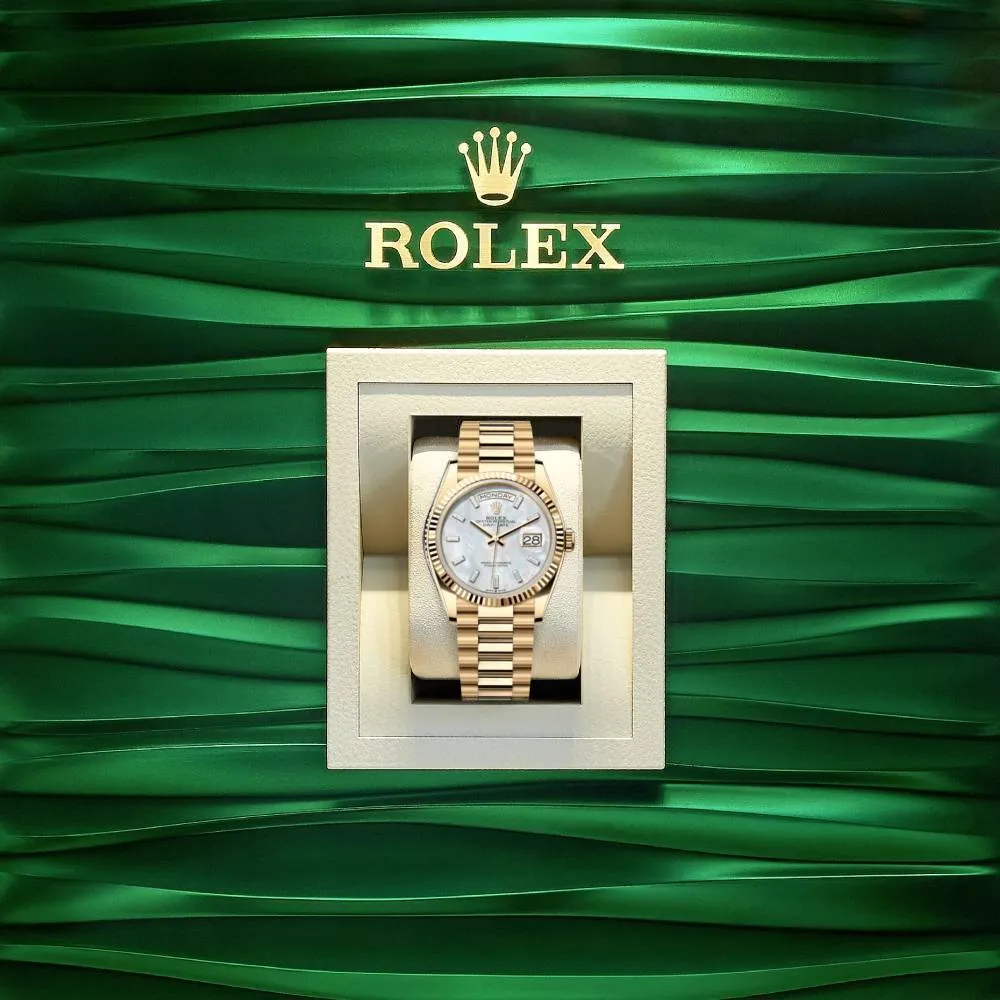 2024 Release Rolex Day-Date 36mm - Ref: 128238-0123 - White Mother of Pearl Dial & Diamond Bezel, 18K Yellow Gold Presidential Bracelet Watch