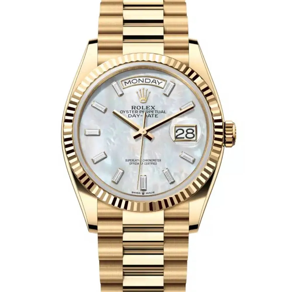 2024 Release Rolex Day-Date 36mm - Ref: 128238-0123 - White Mother of Pearl Dial & Diamond Bezel, 18K Yellow Gold Presidential Bracelet Watch