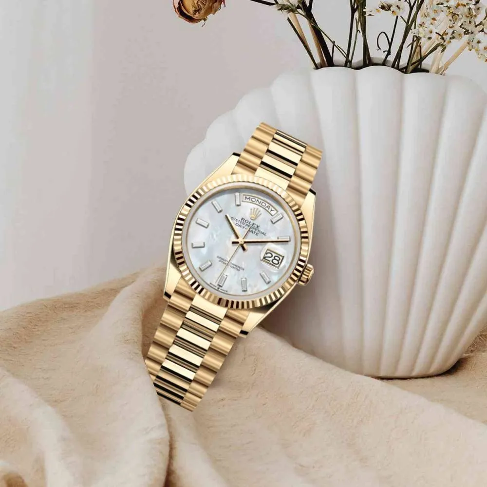 2024 Release Rolex Day-Date 36mm - Ref: 128238-0123 - White Mother of Pearl Dial & Diamond Bezel, 18K Yellow Gold Presidential Bracelet Watch