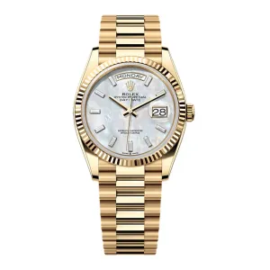 2024 Release Rolex Day-Date 36mm - Ref: 128238-0123 - White Mother of Pearl Dial & Diamond Bezel, 18K Yellow Gold Presidential Bracelet Watch