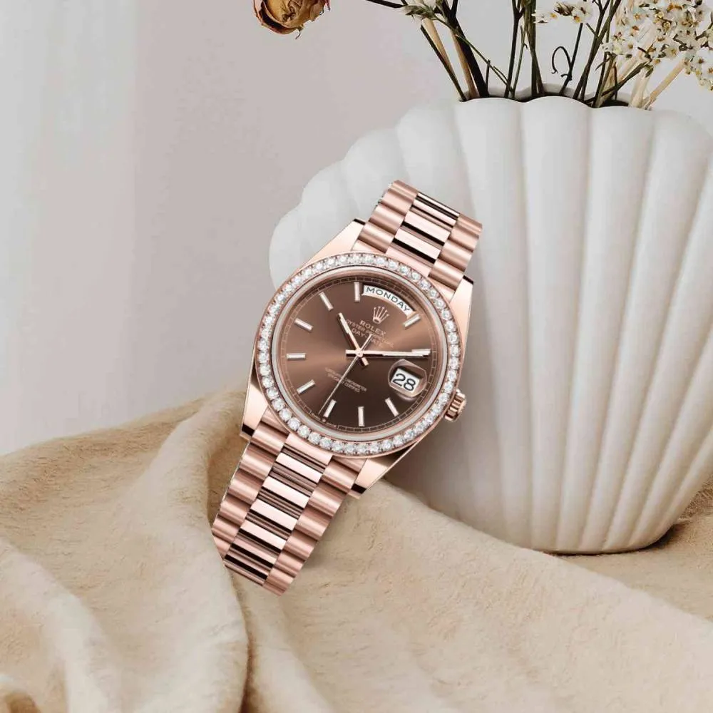 2024 Release Rolex Day-Date 40 mm | 18k Everose gold President bracelet | Chocolate Stick dial Diamond bezel | Men's Watch 228345RBR