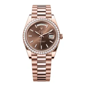 2024 Release Rolex Day-Date 40 mm | 18k Everose gold President bracelet | Chocolate Stick dial Diamond bezel | Men's Watch 228345RBR