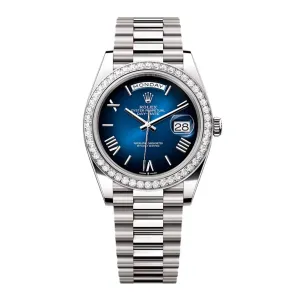 2024 Release Rolex Day-Date 40 mm | 18k white gold President bracelet | Blue ombr dial Diamond bezel | Men's Watch 228349RBR