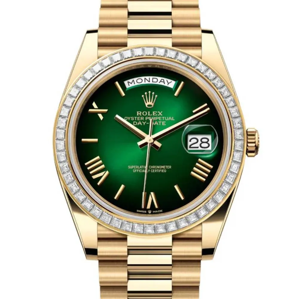 2024 Release Rolex Day-Date 40 mm | 18k yellow gold President bracelet | Green ombr dial Diamond bezel | Men's Watch 228398TBR