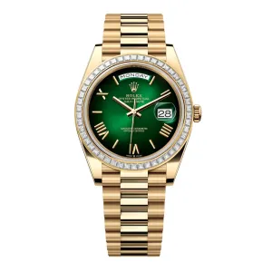 2024 Release Rolex Day-Date 40 mm | 18k yellow gold President bracelet | Green ombr dial Diamond bezel | Men's Watch 228398TBR