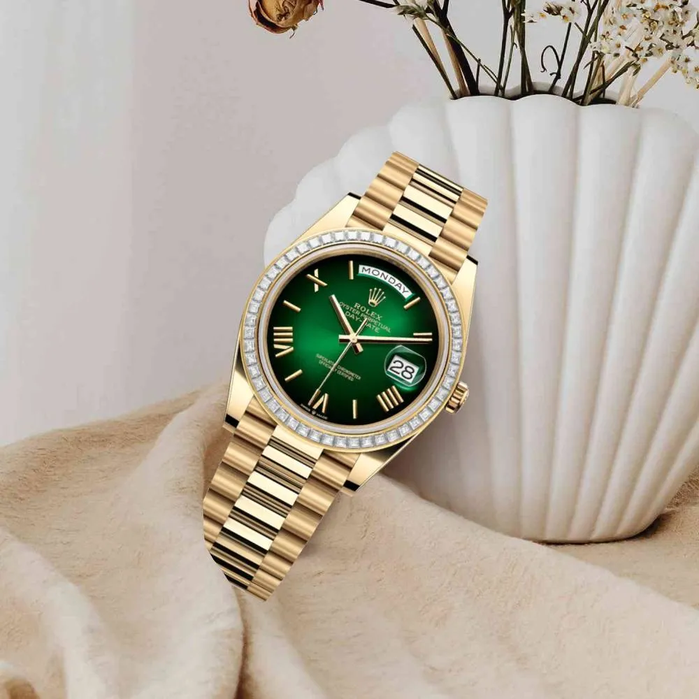 2024 Release Rolex Day-Date 40 mm | 18k yellow gold President bracelet | Green ombr dial Diamond bezel | Men's Watch 228398TBR