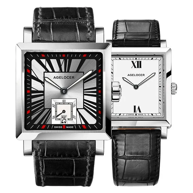 Agelocer Couple Watches for Men Women Square Quartz Watches Genuine Leather Band Waterproof Watches 3301-3401