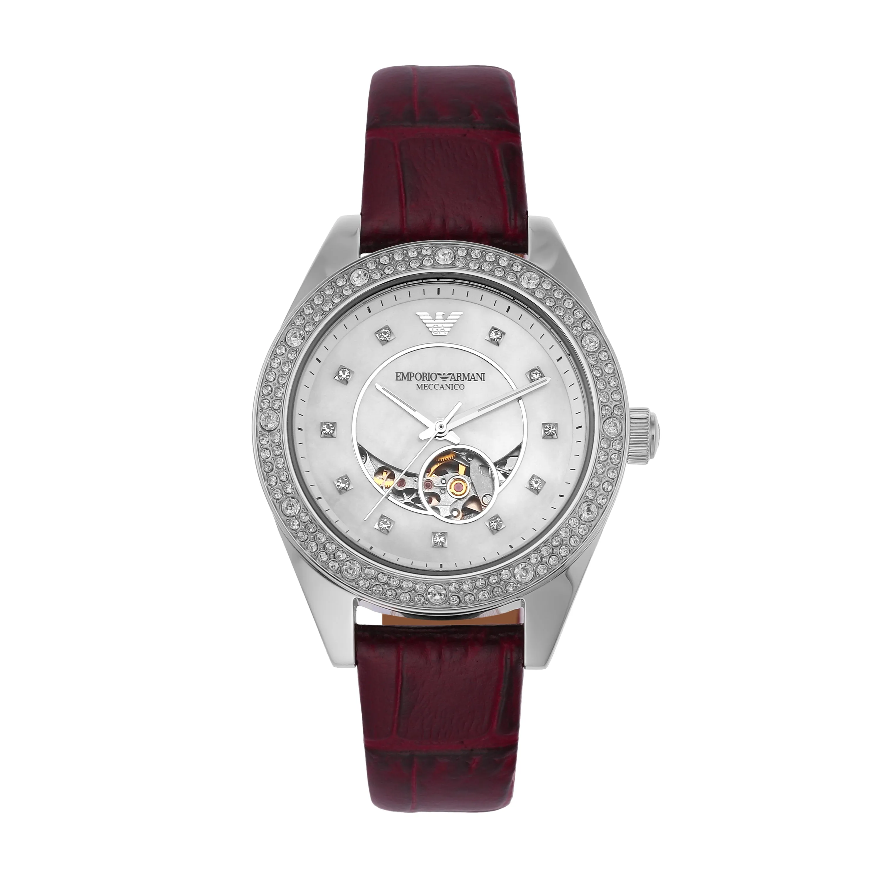 Armani Leo Timepiece with Red Leather and Sunray Dial AR60075