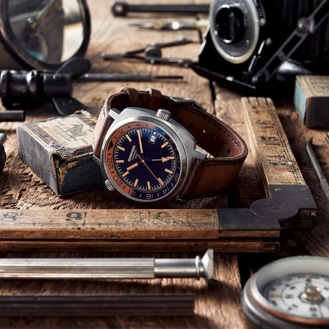 Bamford GMT Steel Tan Blue Watch