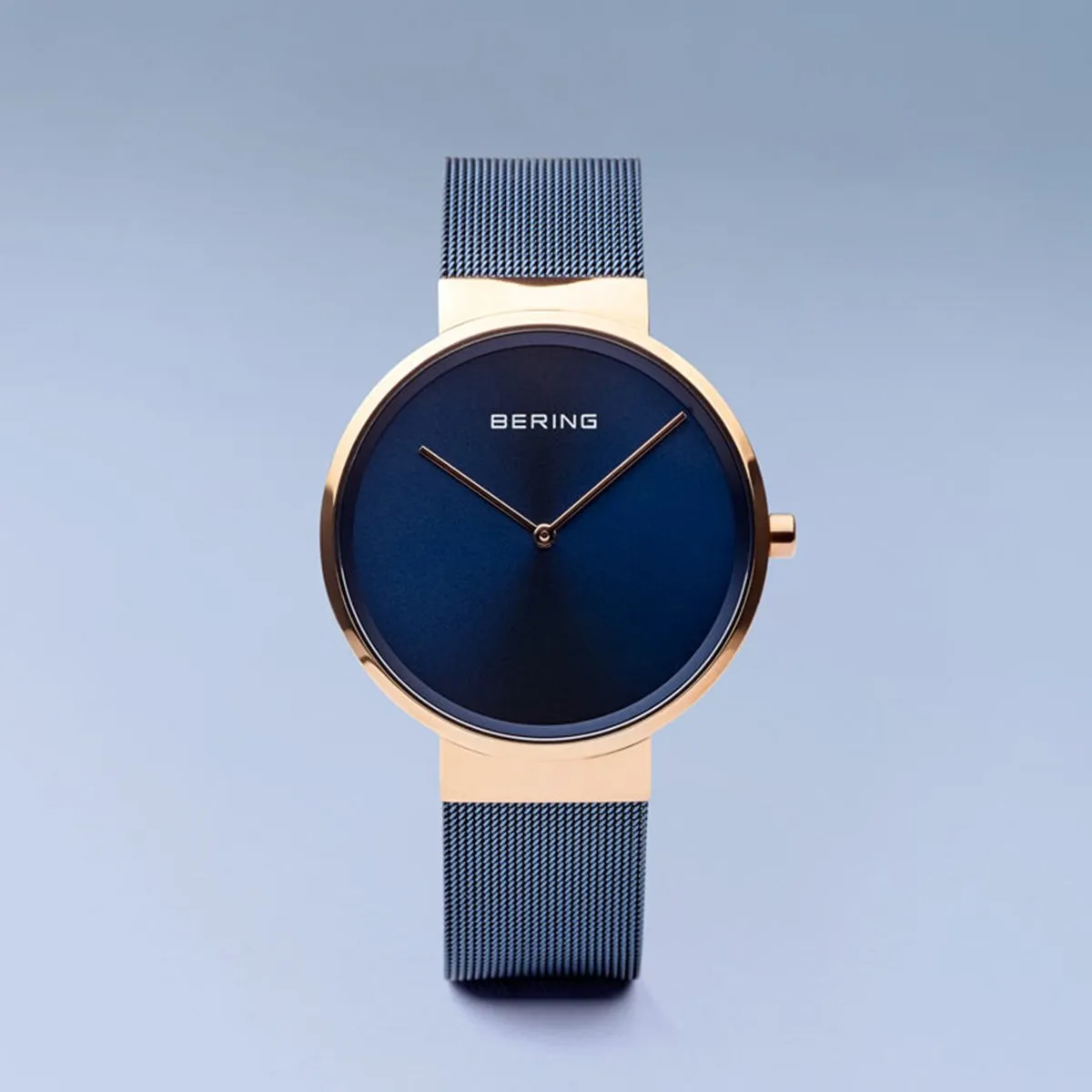 Bering Classic Polished Rose Gold 39mm Blue Mesh Watch