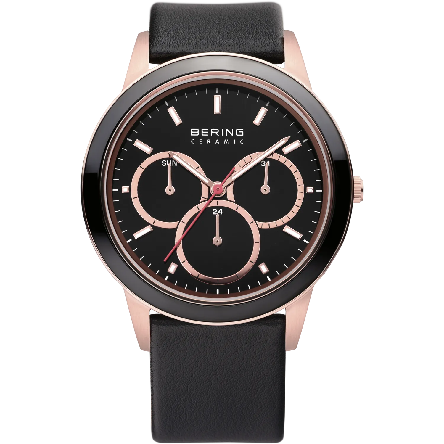 Bering - Gents Multi function Rose Ceramic Bezel Black Leather Watch
