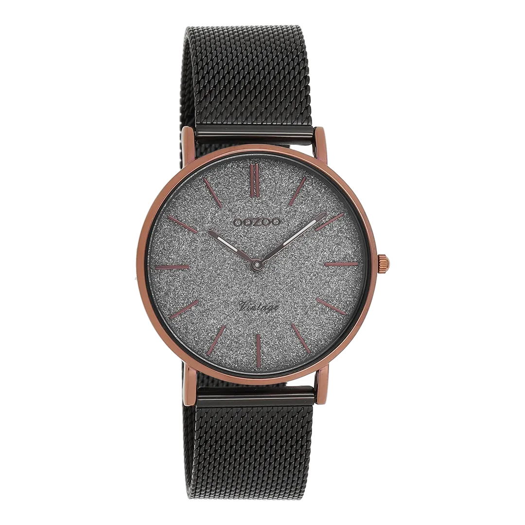Brown OOZOO watch with elephant grey metal mesh bracelet - C8862