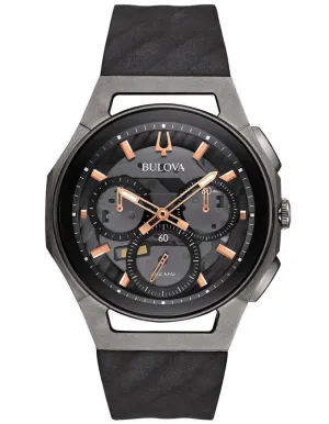 Bulova Mens Curv Chronograph - Steel & Titanium&#44; Black Leather - Exhibition Dial