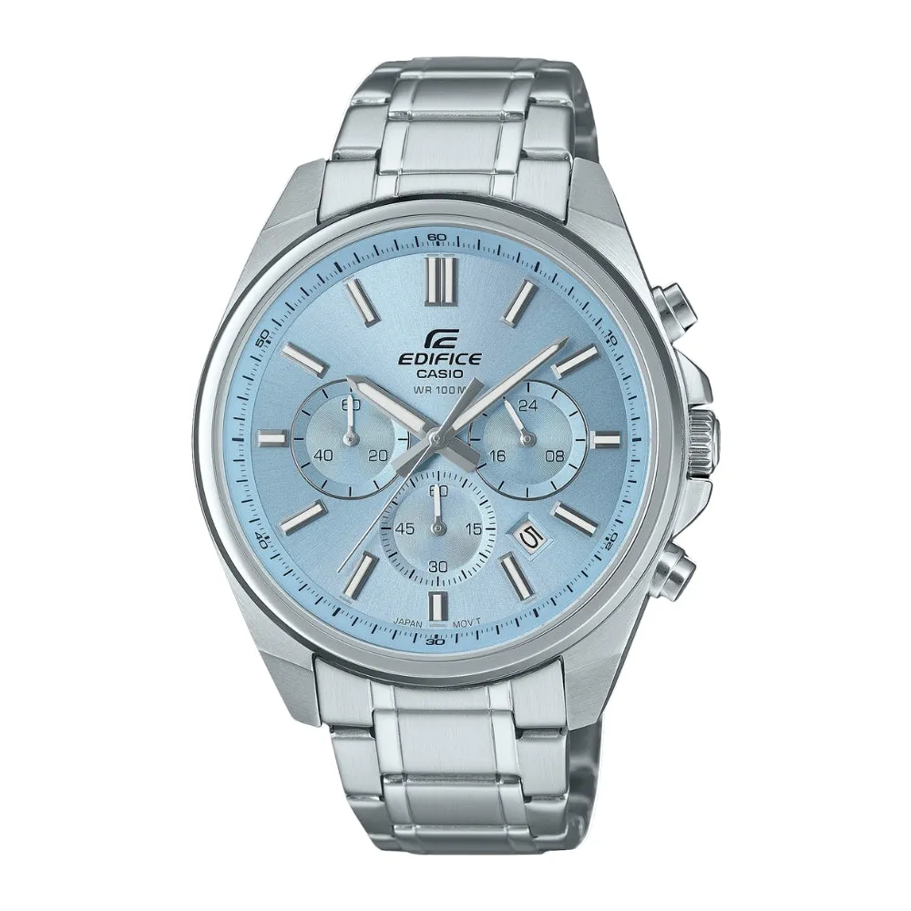 CASIO EDIFICE EFV-650D-P SERIES STANDARD CHRONOGRAPH LIGHT BLUE & PEACH DIAL STEEL WATCH