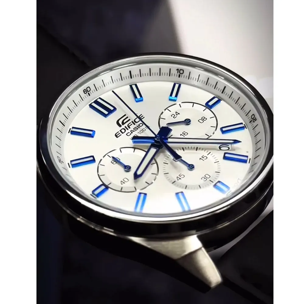 CASIO EDIFICE EFV-650L-7AVUDF-P STANDARD CHRONOGRAPH WHITE DIAL BLACK LEATHER STRAP WATCH