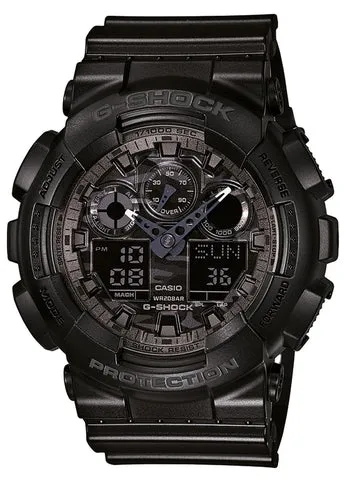 CASIO G-SHOCK ANALOGUE / DIGITAL CAMO DIAL BLACK RESIN BAND GA100CF-1A