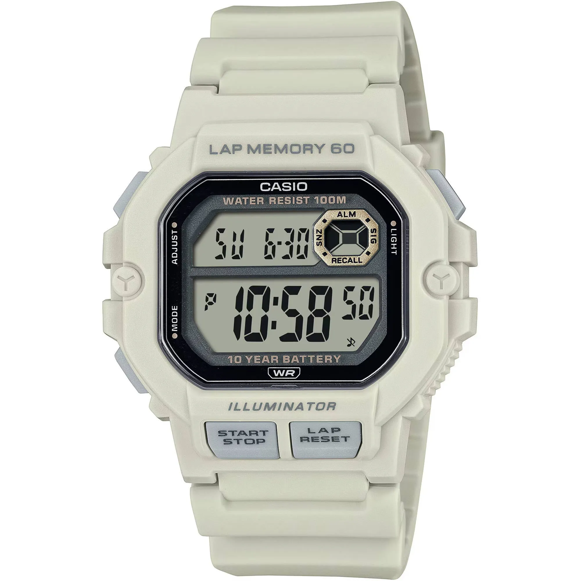 Casio Men's Watch Alarm Grey Digital Dial Off White Resin Strap WS-1400H-8AVCF