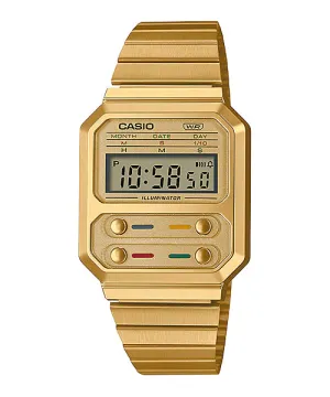 Casio Vintage Style Digital Gold Ion Plated Stainless Steel Band Watch A100WEG-9A