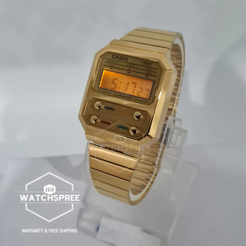 Casio Vintage Style Digital Gold Ion Plated Stainless Steel Band Watch A100WEG-9A