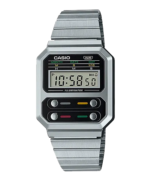 Casio Vintage Style Digital Stainless Steel Band Watch A100WE-1A