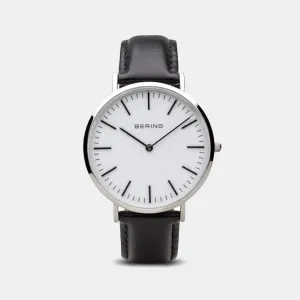Ceramic Men White Dial Analog Leather Watch 13738-404