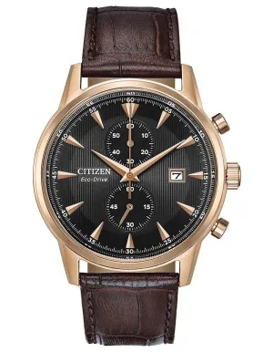 Citizen Eco-Drive Corso Mens Chronograph - Rose-Tone - Black Dial - Brown Strap