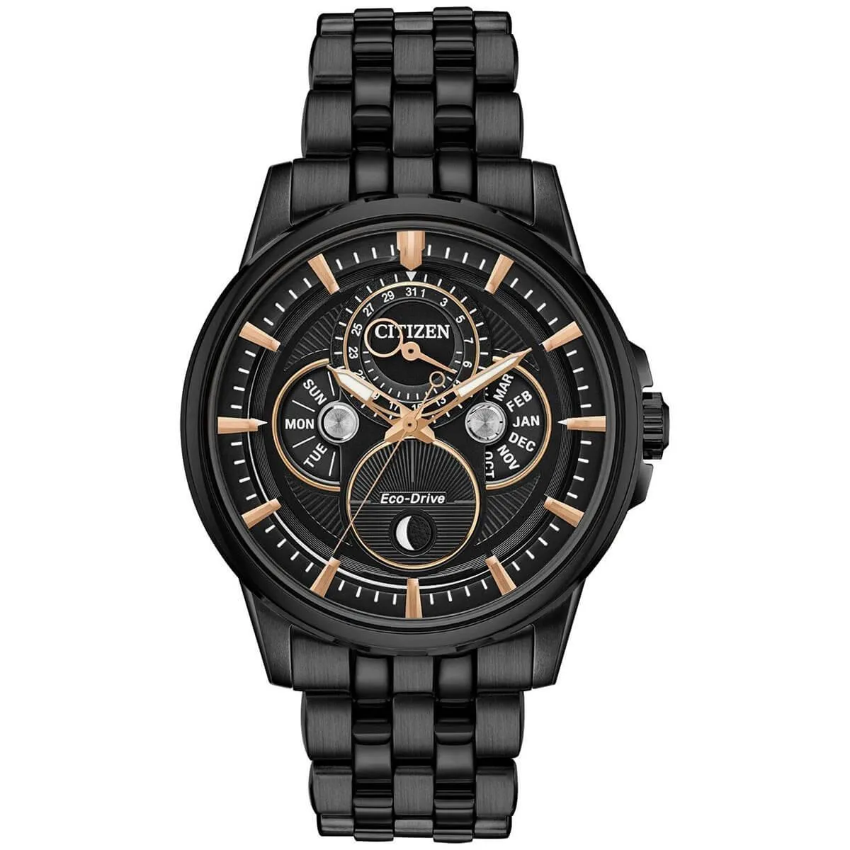 Citizen Men's Eco Drive Watch - Calendrier Day- Date Black Steel Bracelet | BU0057-54E