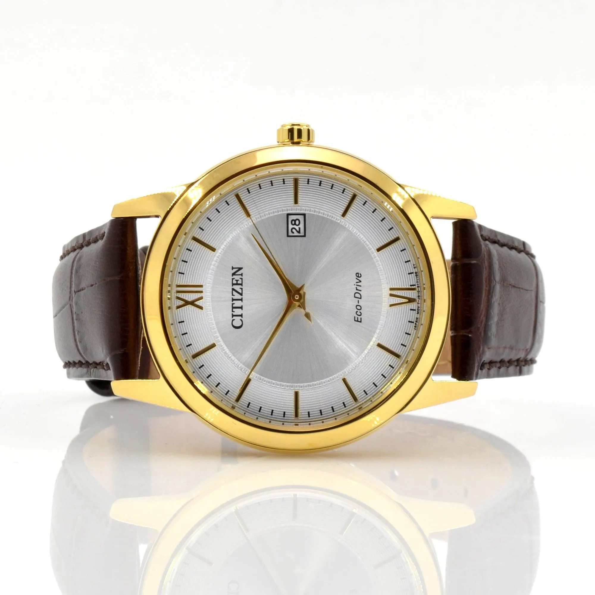 Citizen Men's Leather Strap Watch - Eco-Drive Yellow Steel Silver Dial | AW1232-04A