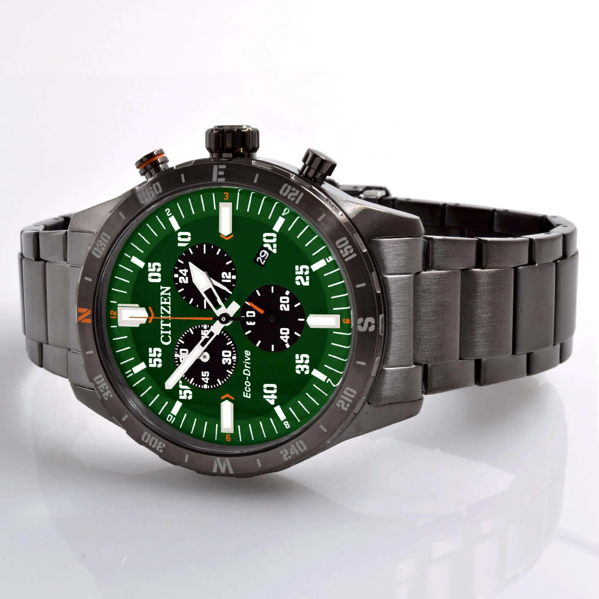Citizen Men's Watch - Eco-Drive Black and Green Dial Steel Chronograph | AT2527-80X