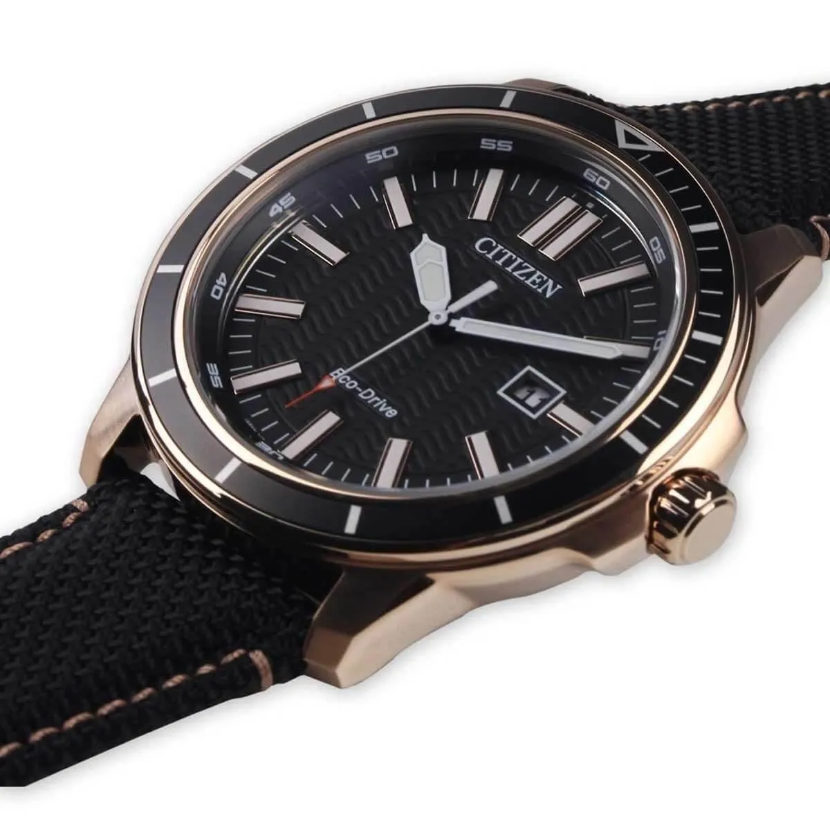 Citizen Men's Watch - Eco-Drive Black Dial Rose Gold Case Nylon Strap | AW1523-01E