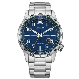 Citizen Men's Watch - Eco-Drive Blue Dial Silver Tone Bracelet Compass | BM7550-87L