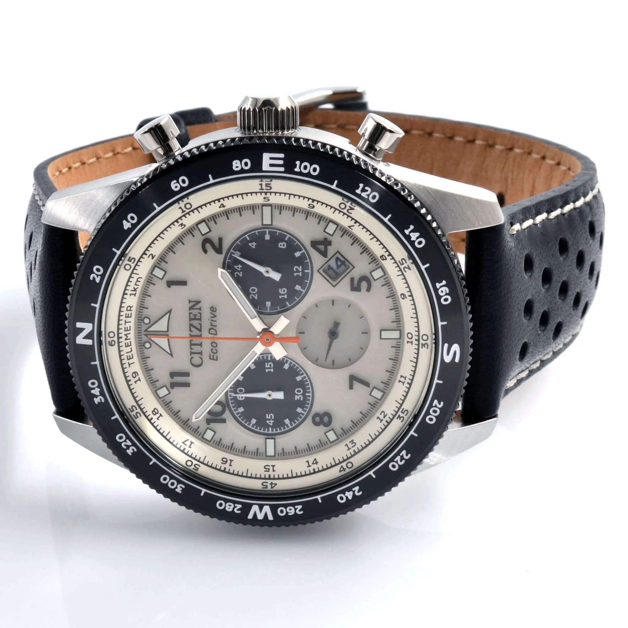 Citizen Men's Watch - Eco Drive Compass White Dial Black Leather Strap | CA4559-13A