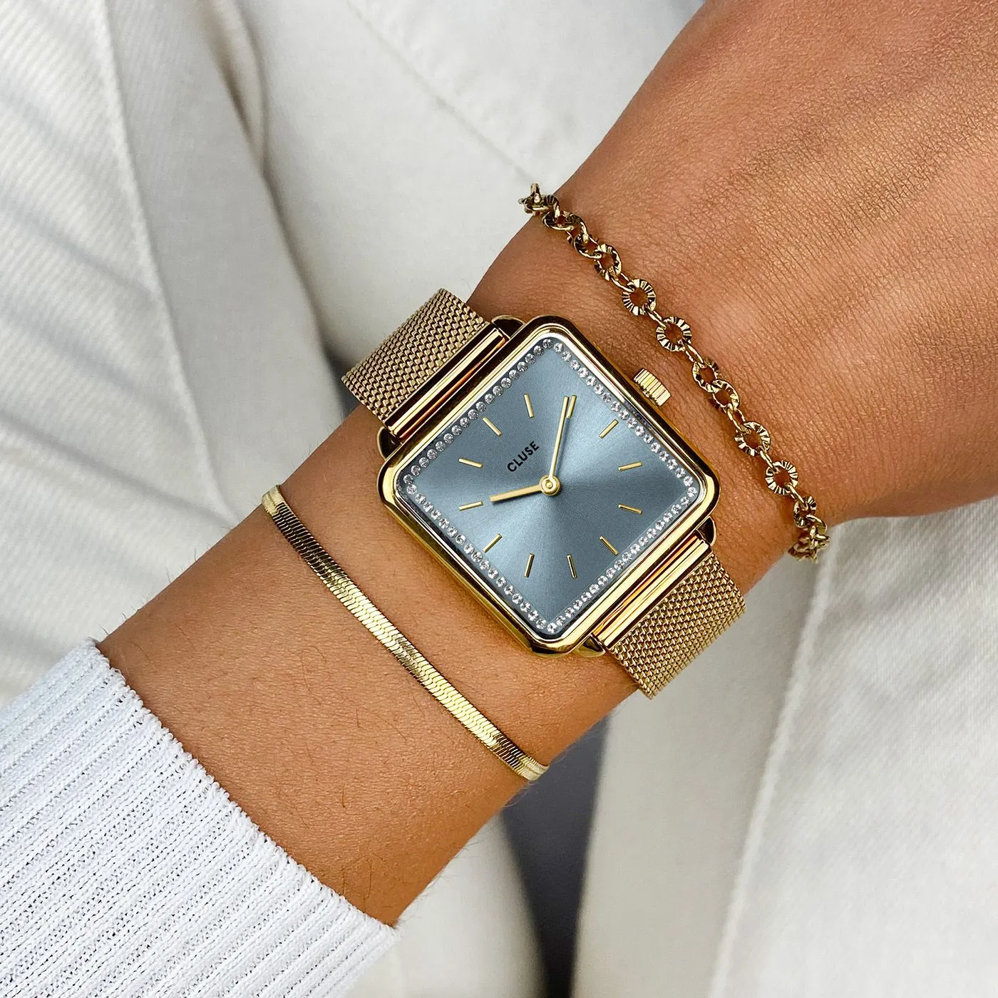 CLUSE La Tetragone Light Blue Stones/ Gold Mesh Watch CW10310