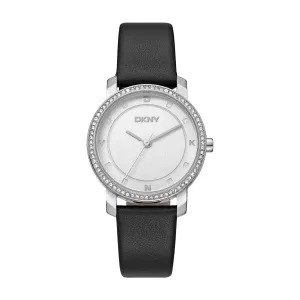 DKNY Astoria Glitz Silver Dial Black Leather Strap Watch DK1L065L0015