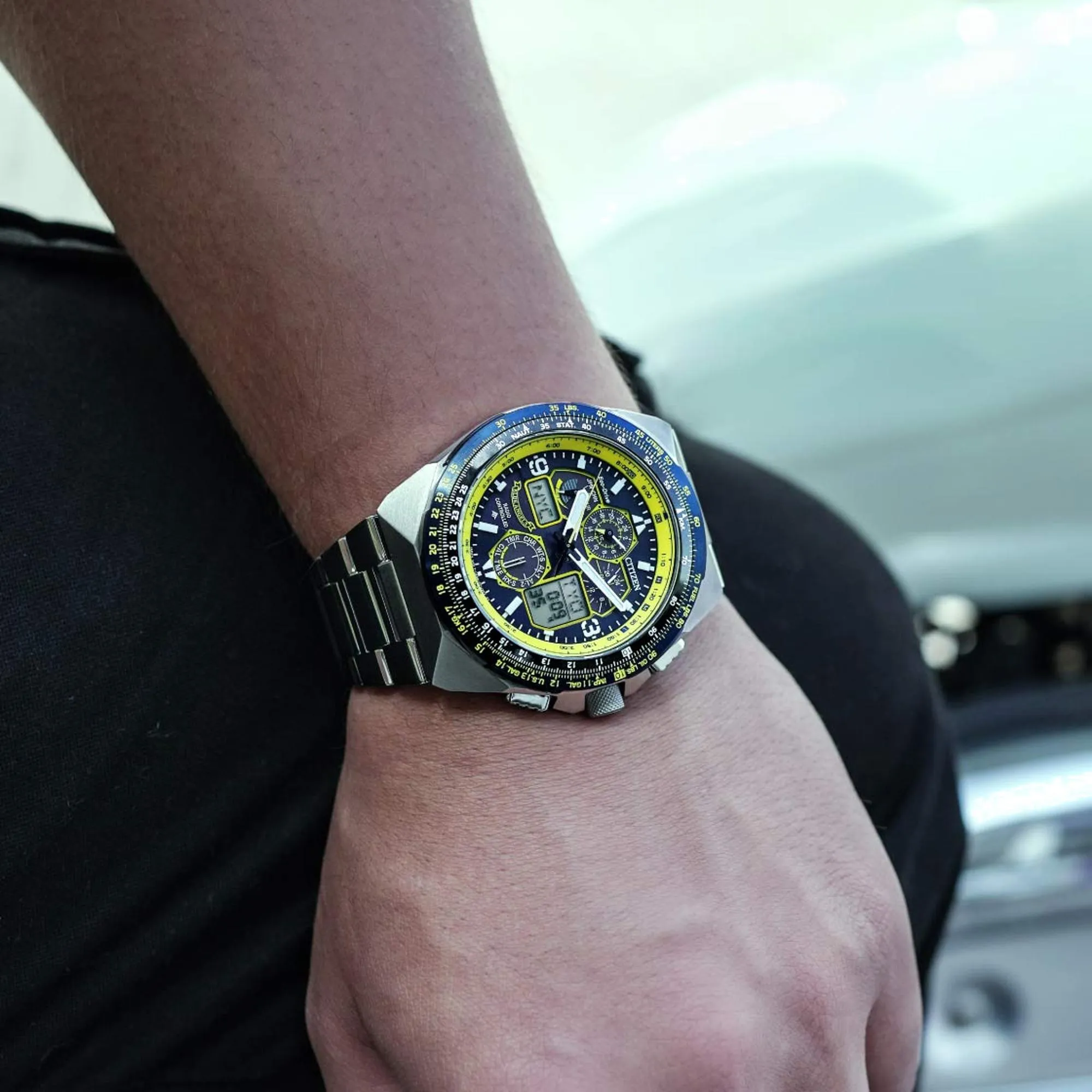 Eco-Drive Men Blue Dial Chronograph Stainless Steel Watch JY8125-54L