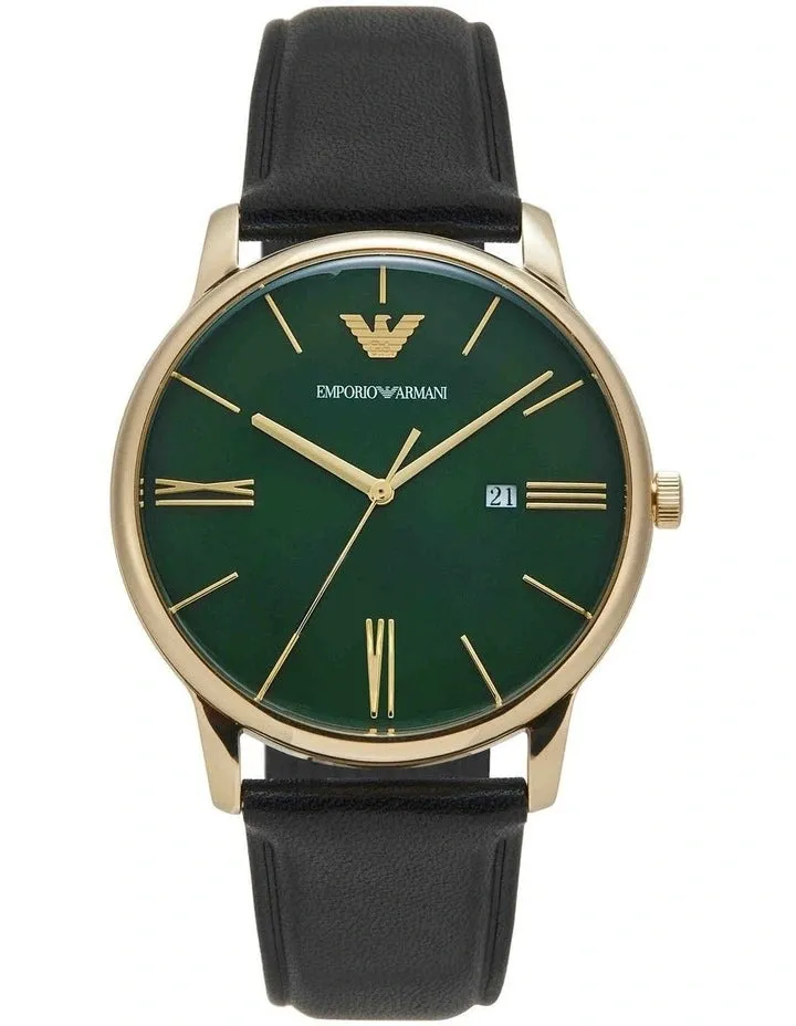 Emporio Armani Green Dial Black Leather Men's Watch AR11601