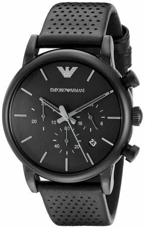 Emporio Armani Leather Strap Black Chronograph Watch for Men SKU EA1040