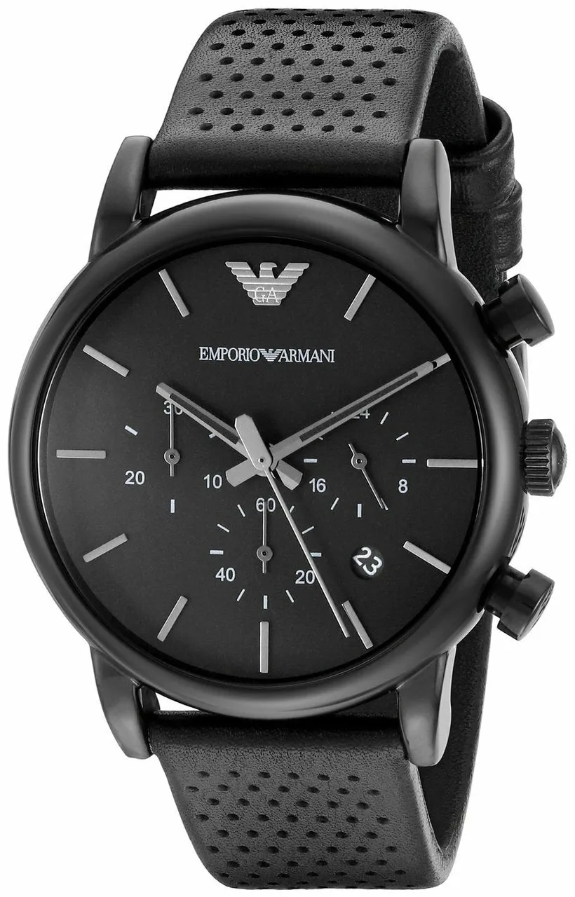 Emporio Armani Leather Strap Black Chronograph Watch for Men SKU EA1040
