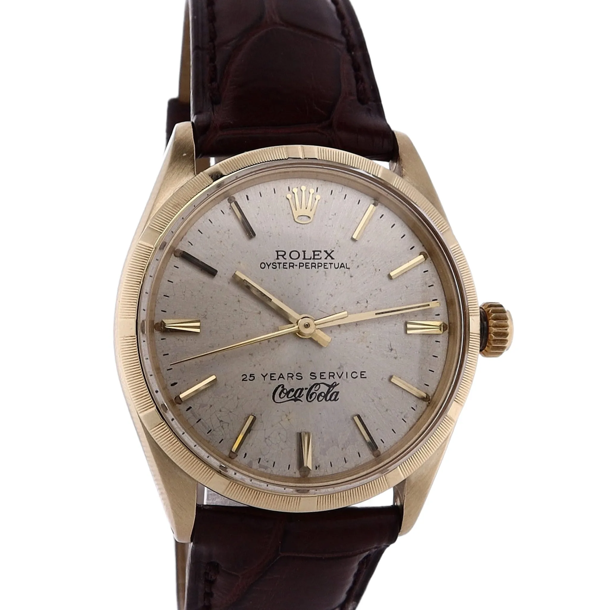 Estate Rolex 14 Karat Yellow Gold Gents Vintage Oyster Perpetual Silver Index Dial Engine Turned Bezel Brown Alligator Strap  Coca-Cola 25 years C.1966