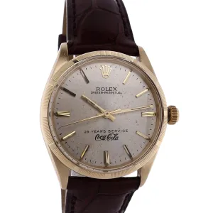 Estate Rolex 14 Karat Yellow Gold Gents Vintage Oyster Perpetual Silver Index Dial Engine Turned Bezel Brown Alligator Strap  Coca-Cola 25 years C.1966