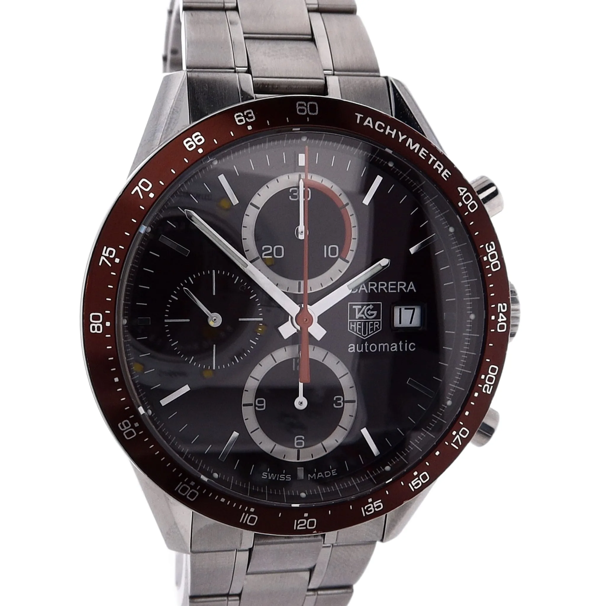 Estate Tag Heuer Stainless Steel 41mm Carrera Chronograph Calibre 16 Brown Beze3l and Dial CV2013 With Box And Additional Strap