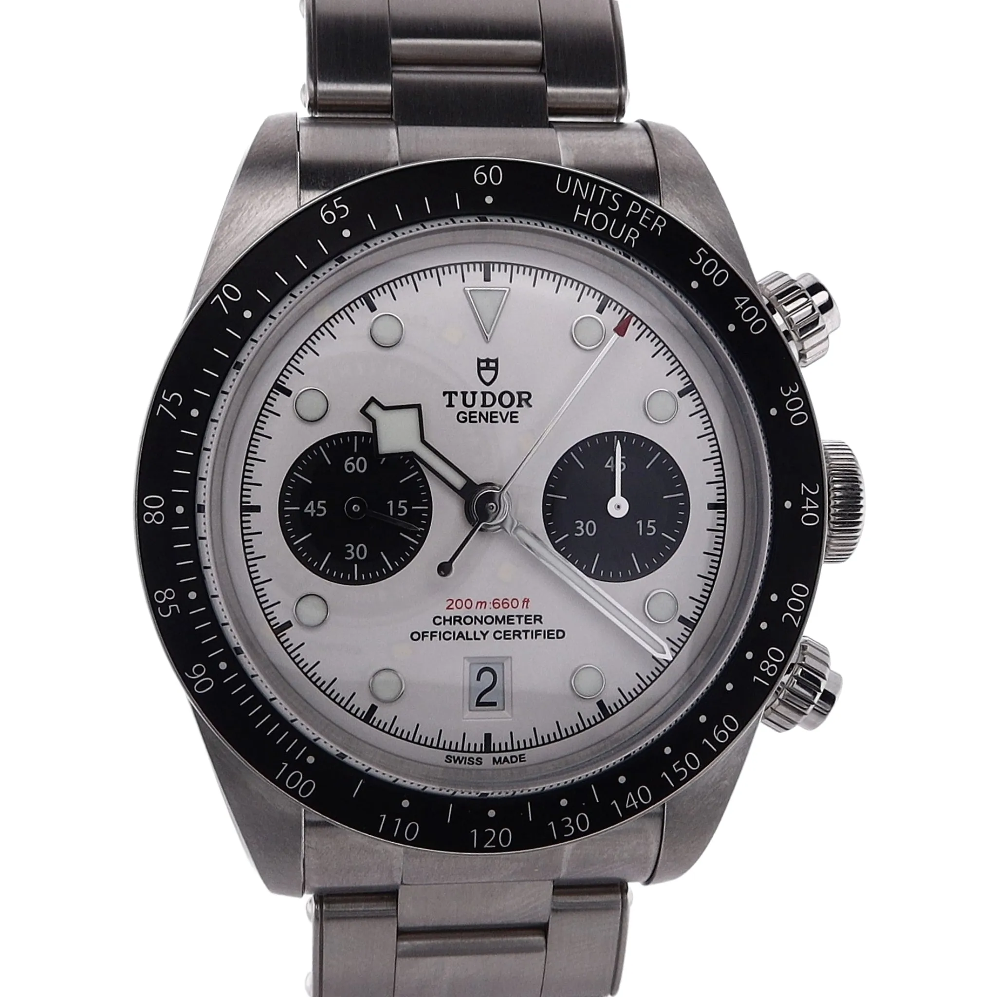 Estate Tudor Stainless Steel Gents Black Bay Chronometer White Dial Black Sub Dials Black Bezel Oyster Bracelet 79360N With Box & Card C.2024