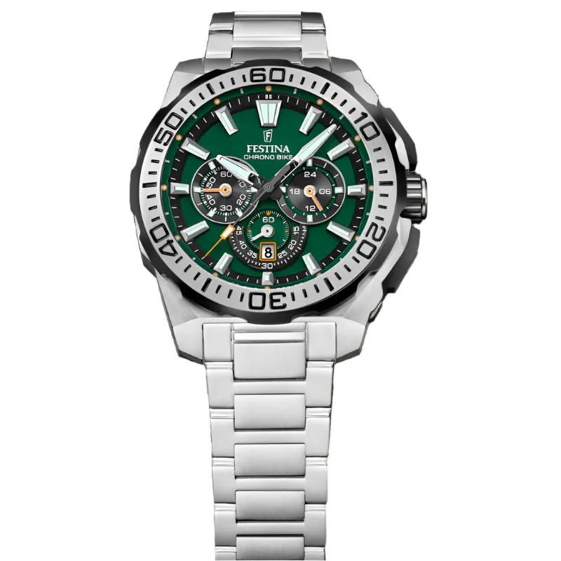 Festina Chrono Bike Green Dial Stainless Steel Strap Watch f20724/3